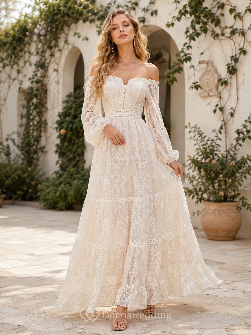 Robe de mariée bohème champêtre à épaules dénudées, manches bouffantes, dentelle à volants et dos nu plongeant