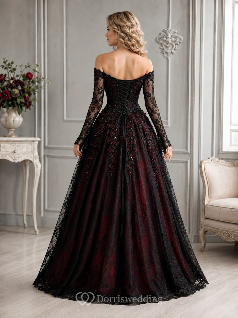 Vestido de gala formal de noche de terciopelo gótico negro y rojo con encaje y mangas largas view 2