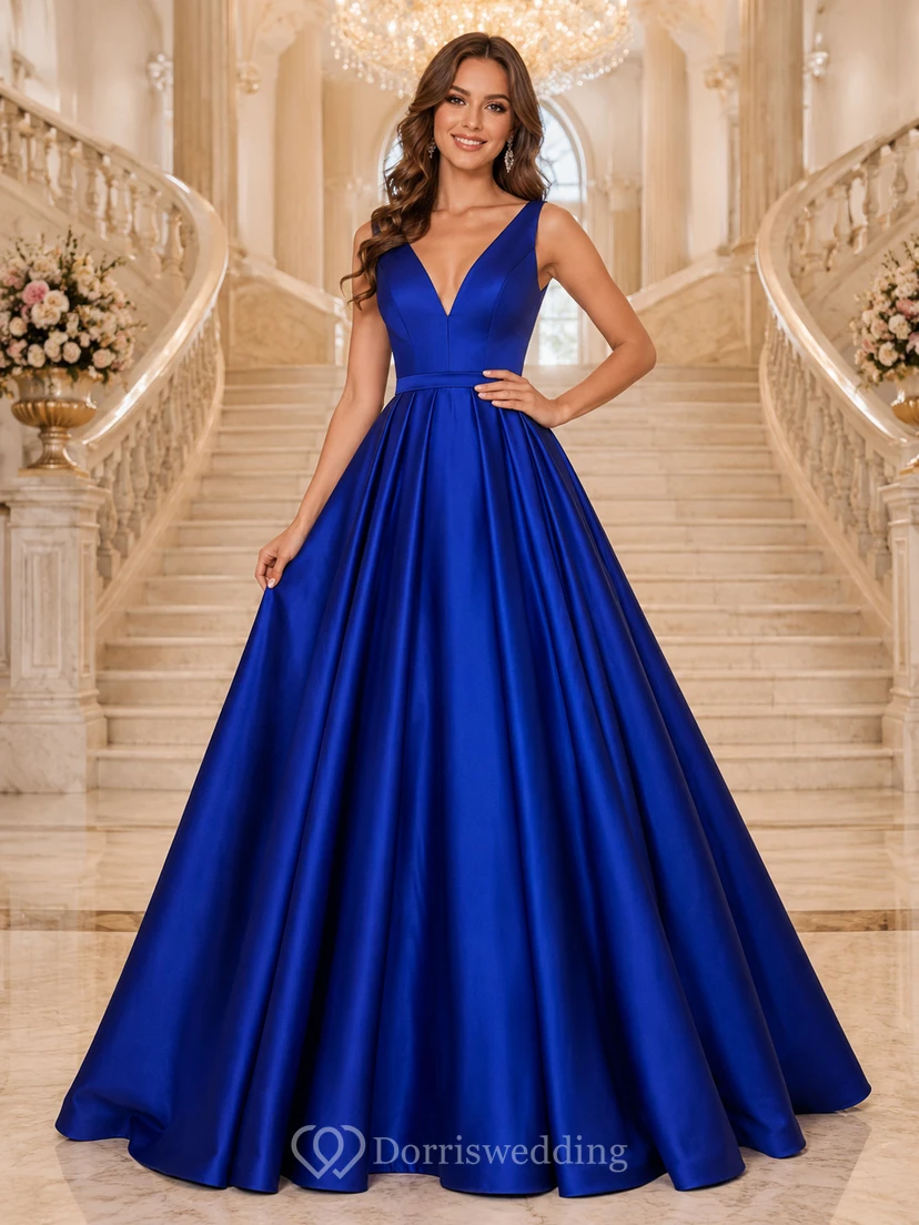 Royal blue V-neck satin ball gown prom dress