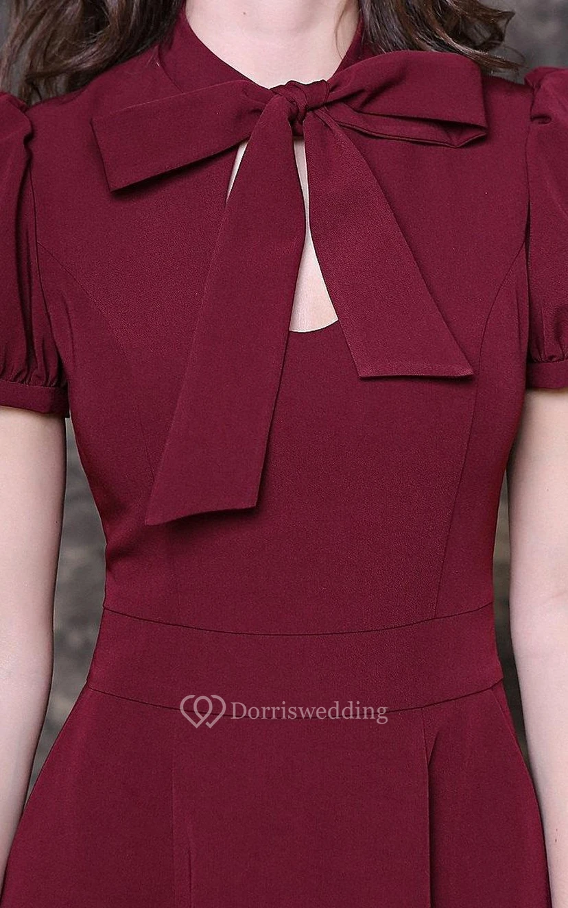 Langes Jerseykleid in A-Linie mit Schleifenkragen, Puffärmeln und Schlüssellochausschnitt view 5