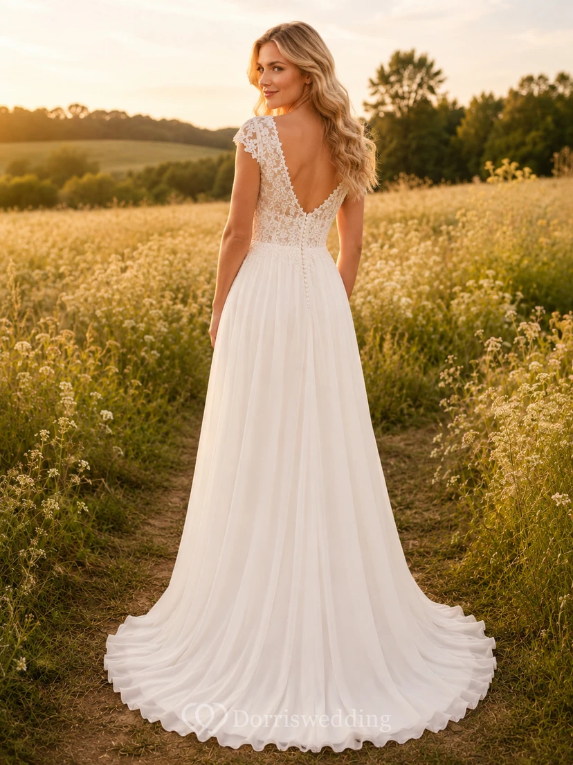 Brautkleid im Landhausstil mit Spitze, A-Linie, V-Ausschnitt, kurzen Ärmeln, Schleppe und tiefem V-Ausschnitt am Rücken view 2