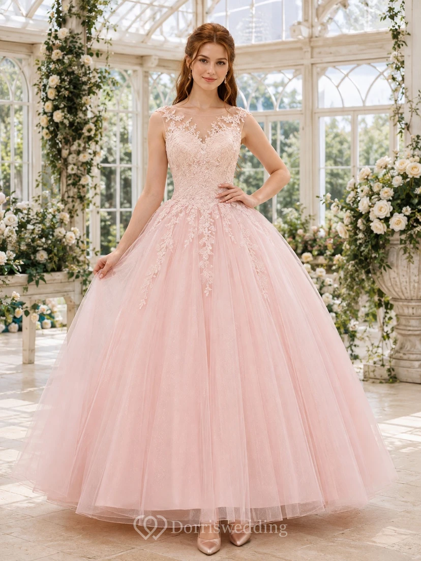 Vestido de fiesta largo hasta los tobillos de princesa con encaje y tul, estilo ilusión, con escote barco, para debutantes.