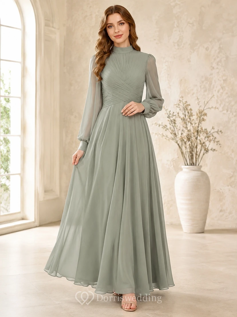 Sage Chiffon High Neck Long Sleeve A-Line Floor-length Modest Formal Gown