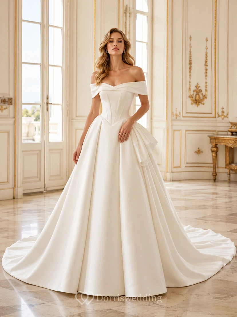 Robe de mariée structurée en satin plissé à épaules dénudées et traîne chapelle