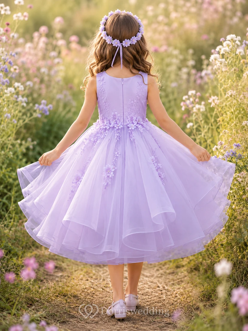 Blumenmädchenkleid Lavendel Spitze Tüll A-Linie Rundhalsausschnitt Teelänge view 2