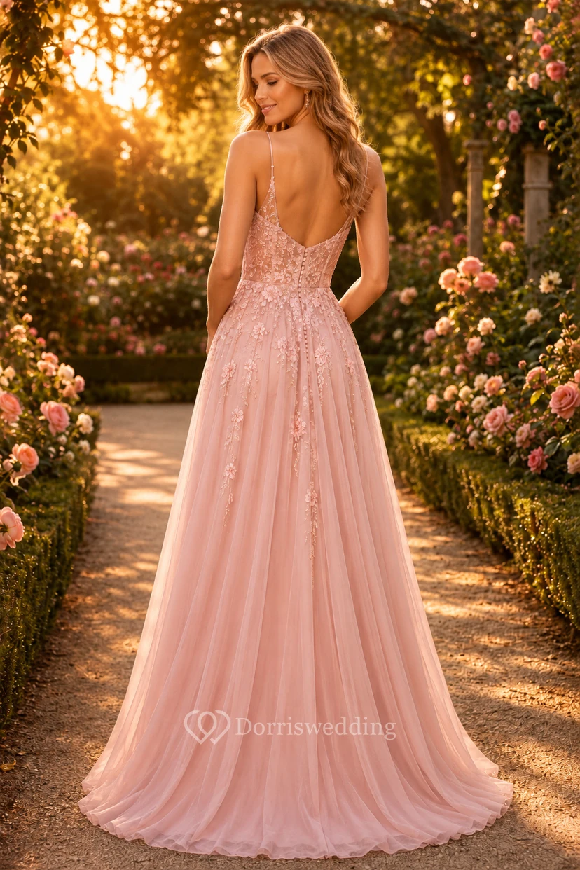 Ballkleid aus rosafarbener Spitze und Tüll, A-Linie, Spaghettiträger, Applikationen, bodenlang view 2