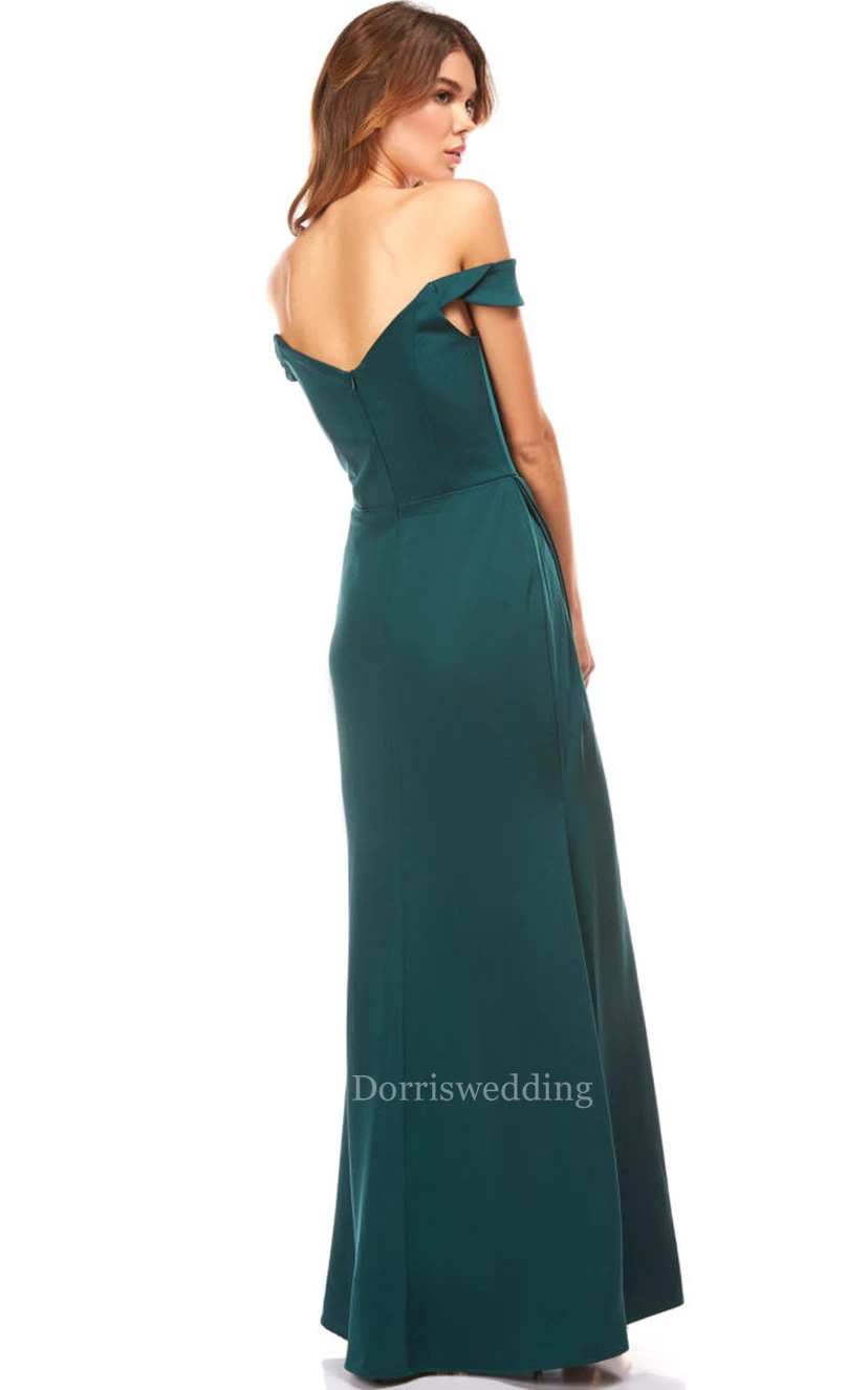 Sexy, bodenlanges, kurzärmeliges A-Linien-Gästekleid aus Satin mit Schlitz vorne view 2