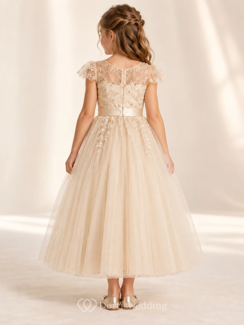 Knöchellanges champagnerfarbenes Blumenkleid in A-Linie aus Tüll mit kurzen Ärmeln, Illusion-Ausschnitt und Schärpe für Blumenmädchen view 2