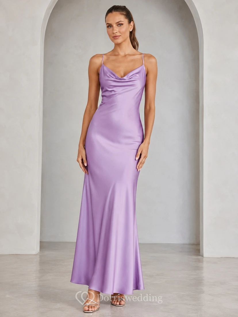 Lavender Spaghetti Strap Cowl Neck Satin Sheath Floor-Length Evening Dress