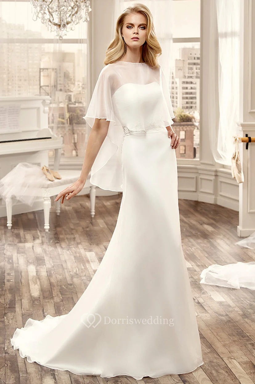 Strapless Sheath Lace Wedding Dress With Appliqued Sash And Brush Train