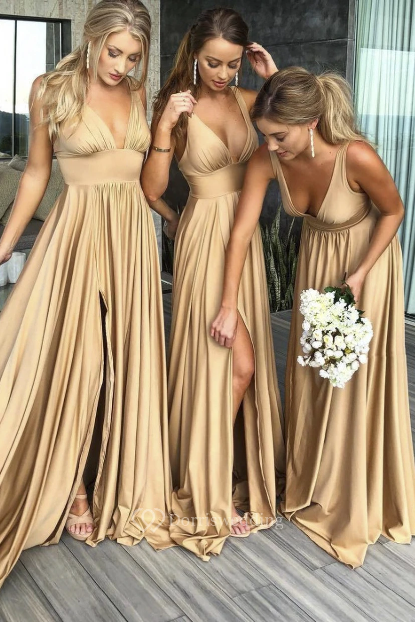 Plunging V-neck Sleeveless Empire Front Split Champagne Bridesmaid Dress With Pleats view 2