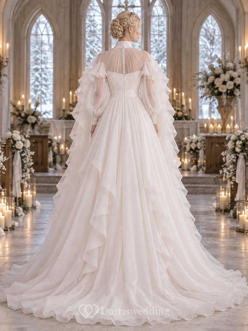 Vestido de novia romántico de corte A con cuello alto, manga larga, plisado y volantes, ideal para invierno. view 2