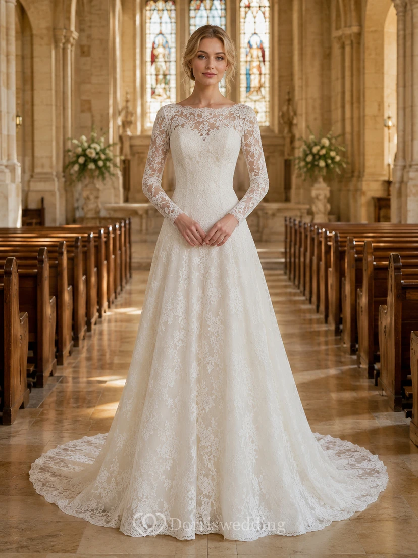 Kapellenhochzeitskleid mit tiefer Taille, langen Ärmeln und Spitze