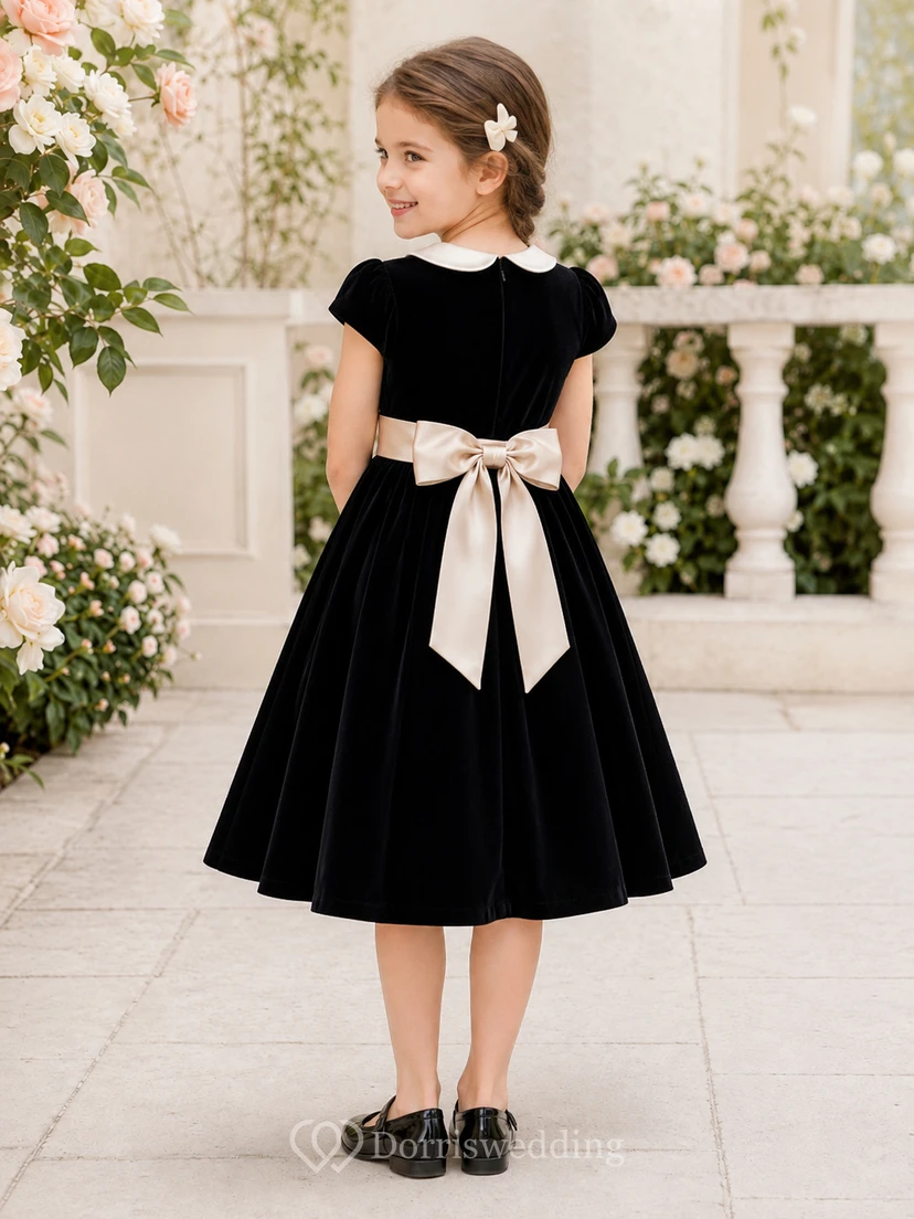 Black Elegant A-Line Velvet Flower Girl Dress Cap Sleeve Jewel Neck Tea-Length Contrast Bow view 2