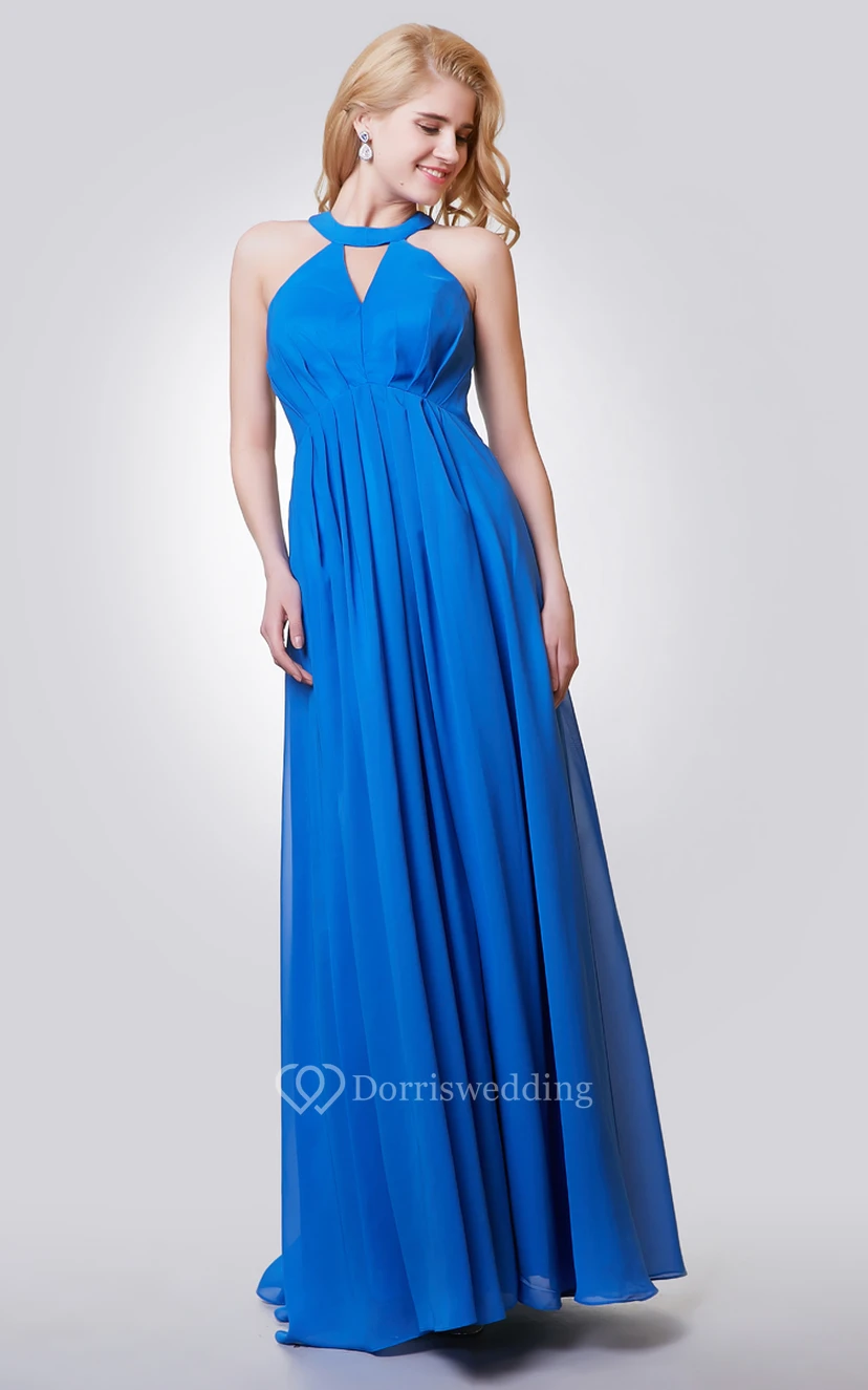 Halter A-line Long Chiffon Pleated Dress With Key-hole