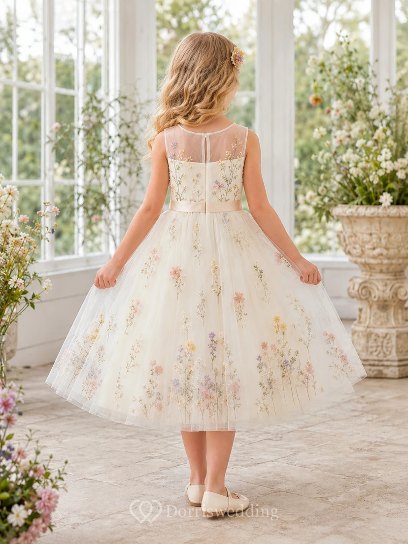 A-Linien-Kleid für Blumenmädchen mit gepressten Blüten, kurzen Ärmeln, botanischen Tülldetails, natürlicher Taille und wadenlangem Rock view 2