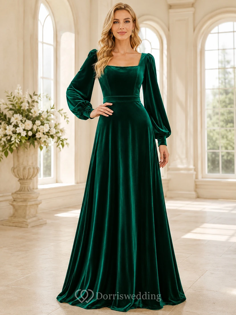 Elegante vestido de noche formal largo hasta el suelo, de terciopelo verde oscuro, con escote cuadrado, mangas abullonadas y corte en A.