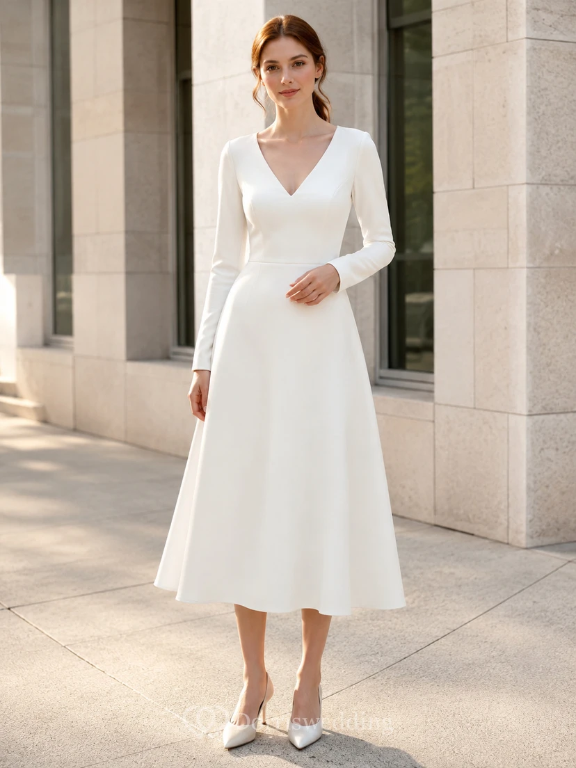 Vestido de novia asequible de corte A con escote en V y mangas largas estilo juzgado