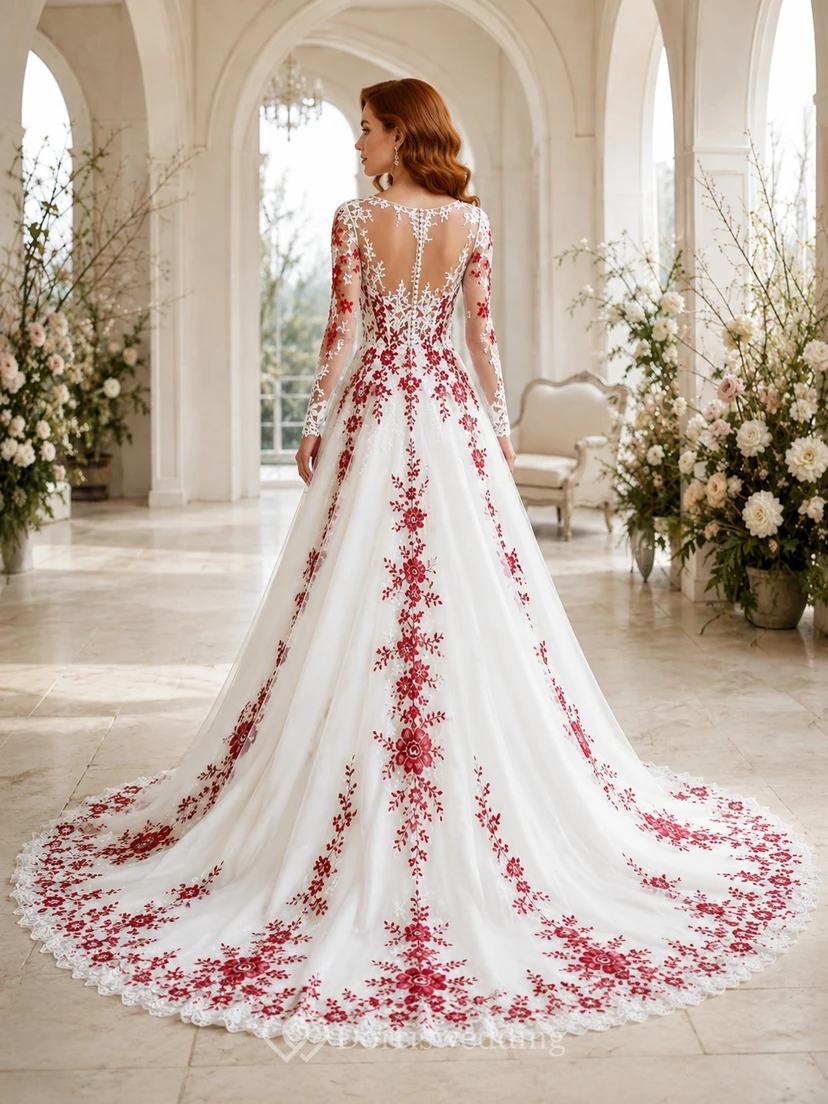 Rotes Brautkleid in A-Linie mit floraler Spitze, langen Ärmeln und Kathedralenschleppe, verziert mit Schmucksteinen und einer eleganten A-Linien-Schleife view 2