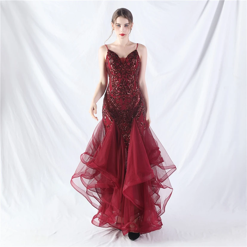 Vestido de actuación para celebración de baile caliente con cuentas de flores y posicionamiento de red rígida. view 19