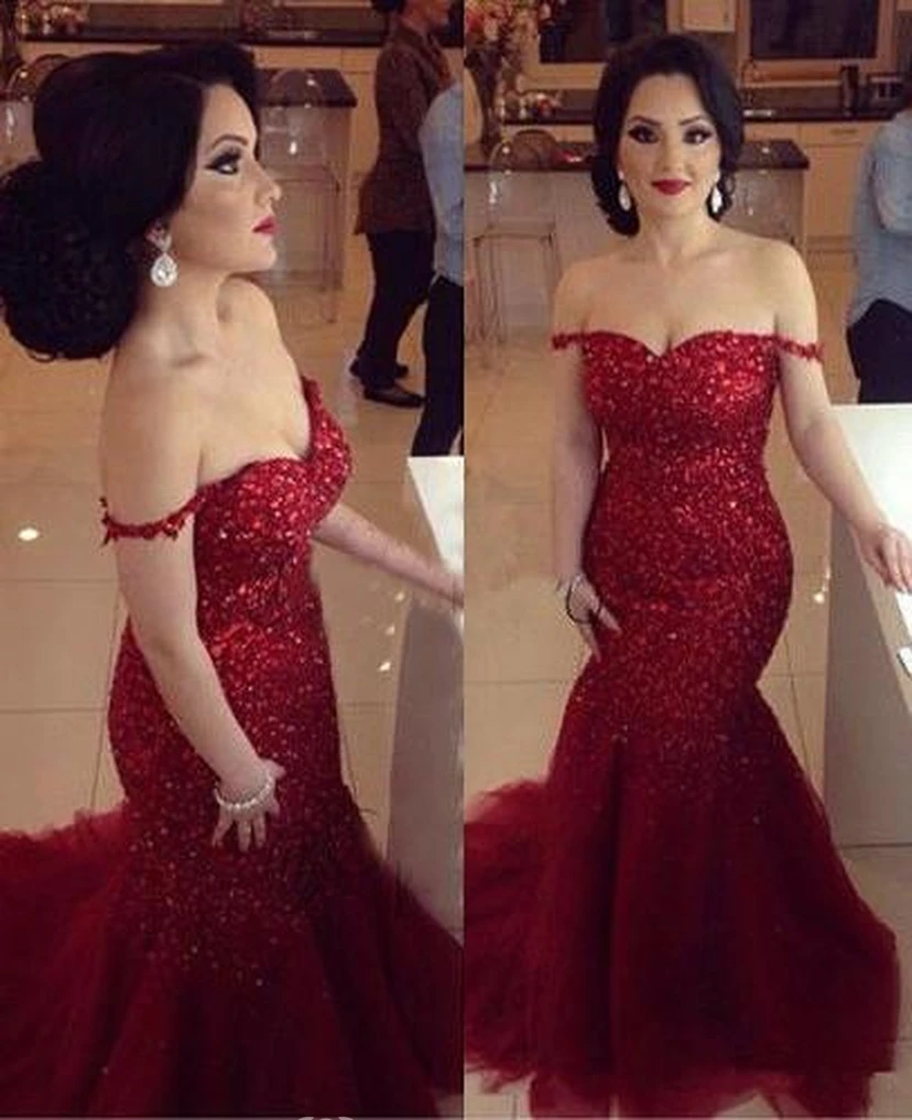 Glamorous Red Sequins Prom Dresses Off-the-shoulder Mermaid Tulle