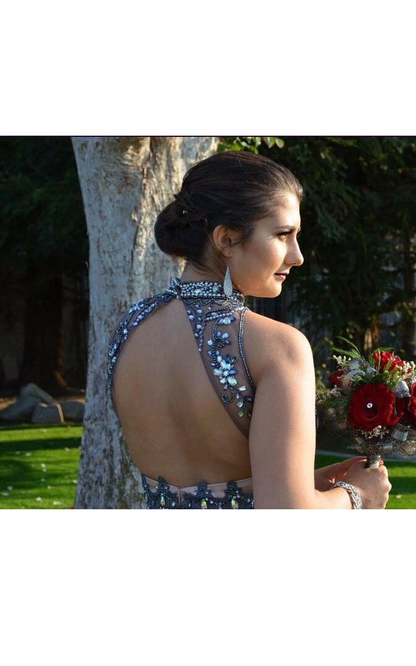 Ärmelloses, hochgeschlossenes, langes Faltenkleid aus Satin und Tüll view 2