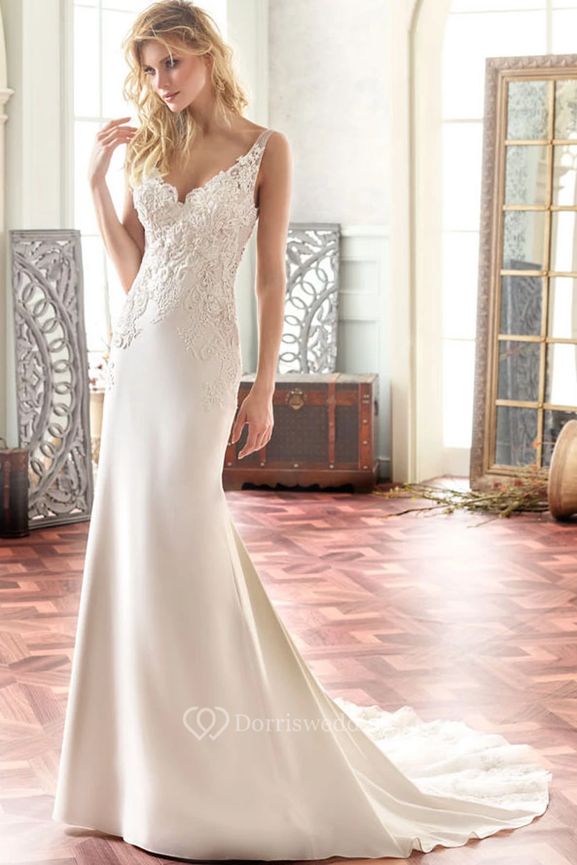 V-Neck Maxi Appliqued Chiffon Wedding Dress With Sweep Train And V Back