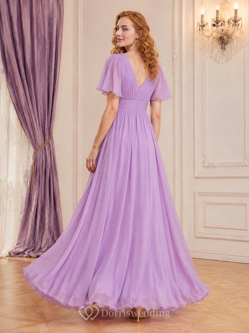 Vintage Lavender V-Neck Puff Sleeve Chiffon Floor-Length Prom Dress view 2