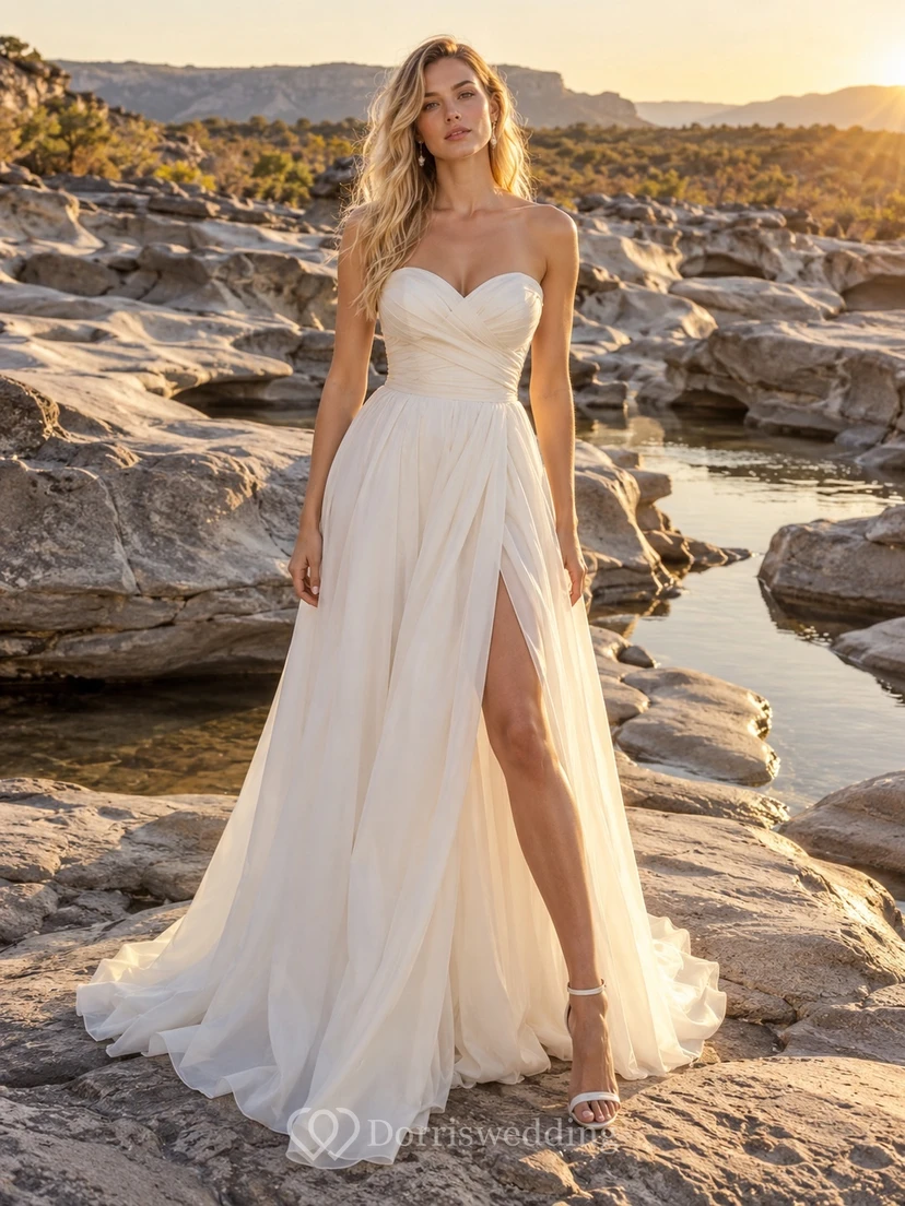 Strapless Sweetheart Organza Wedding Dress with Wrapped Bodice and Split A-Line Sweep Train