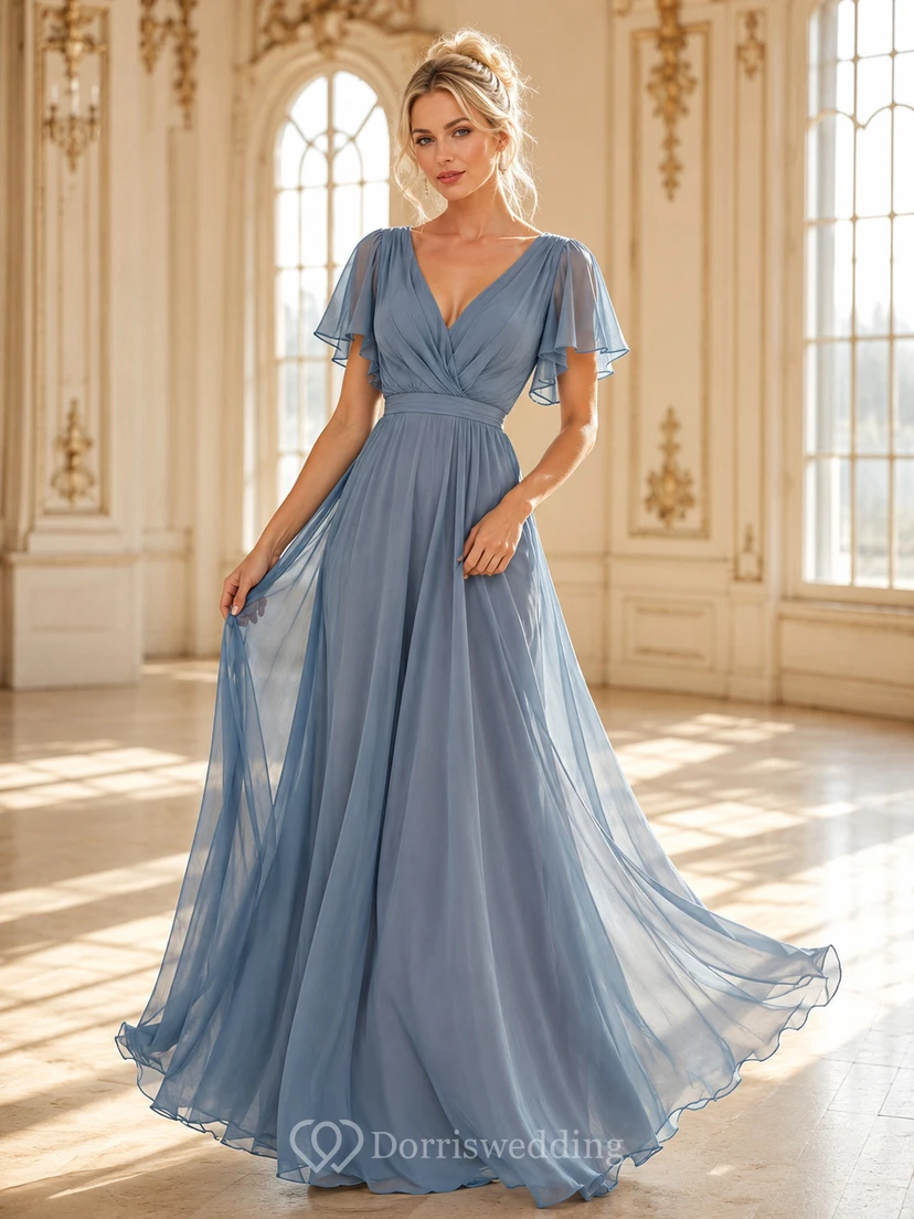 Stahlblaues, plissiertes Chiffon-Abendkleid in A-Linie mit V-Ausschnitt, Blütenblattärmeln und tiefem V-Ausschnitt