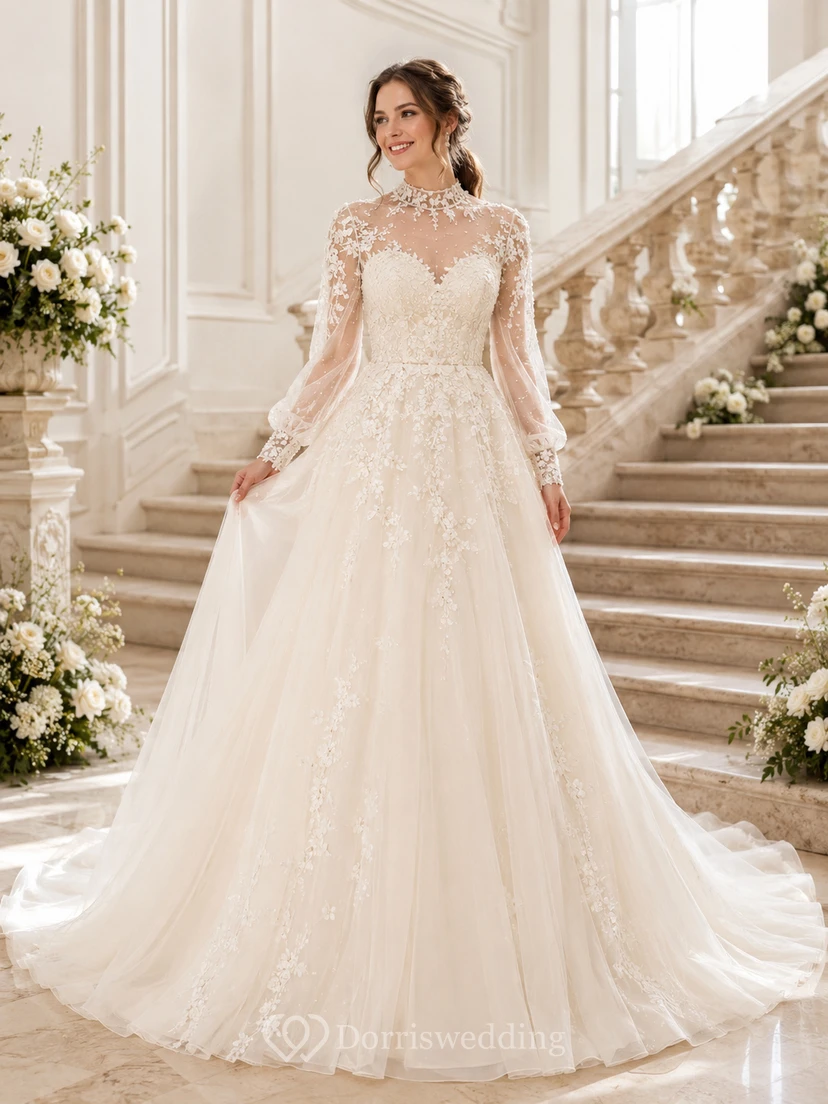 Robe de mariée de luxe en dentelle à col montant, manches trois-quarts illusion et traîne chapelle