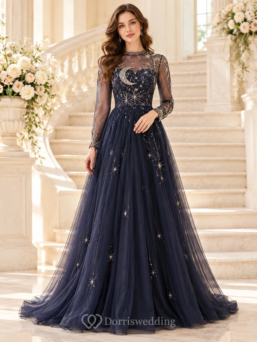 Dark Navy Moon Star Long Illusion Sleeve Evening Gown
