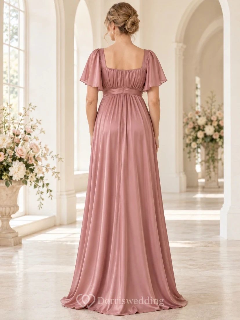 Vestido largo de dama de honor de satén color rosa empolvado con cuello cuadrado y mangas con volantes, corte imperio y escote cuadrado, estilo imperio. view 2