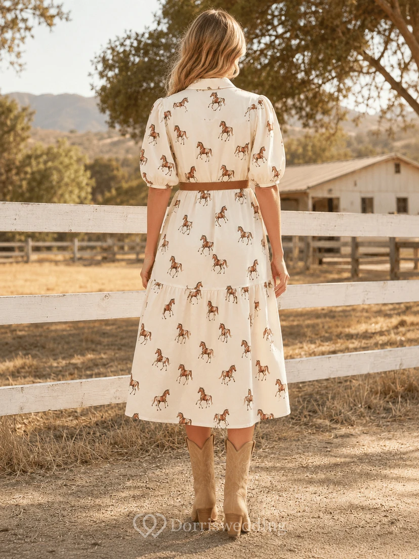 Horse Print Country Shirt Collar Puff Sleeve A-Line Midi Dress view 2