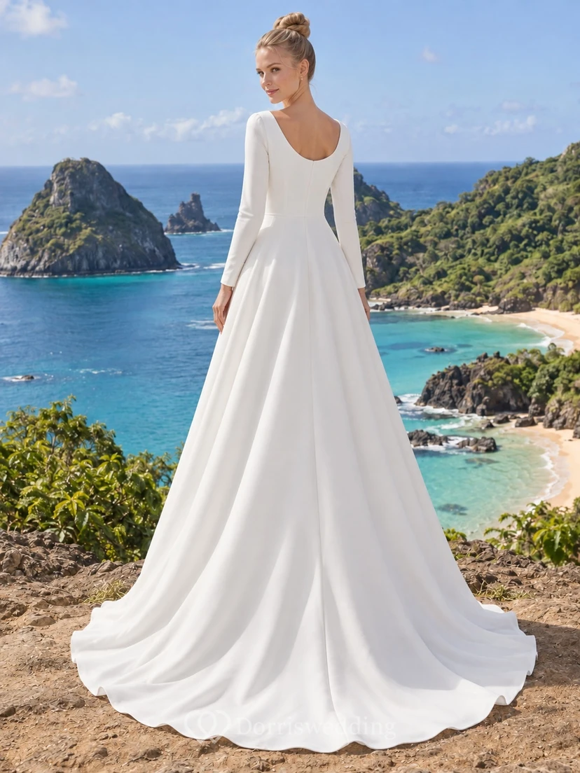 Modest Long Sleeve Bateau Neck Crepe Wedding Dress with Bodice and A-Line Train view 2