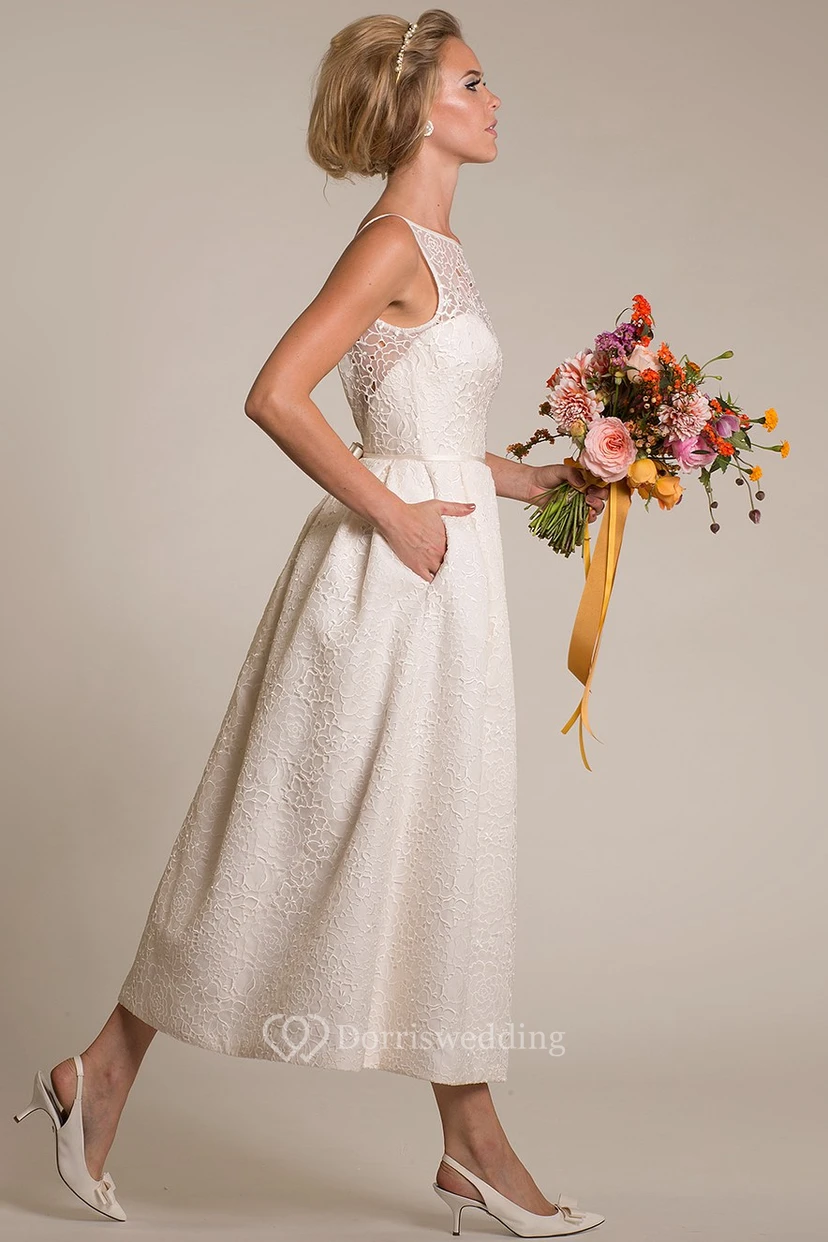A-Line Tea-Length Sleeveless Bateau-Neck Lace Short Wedding Dress With Deep-V Back