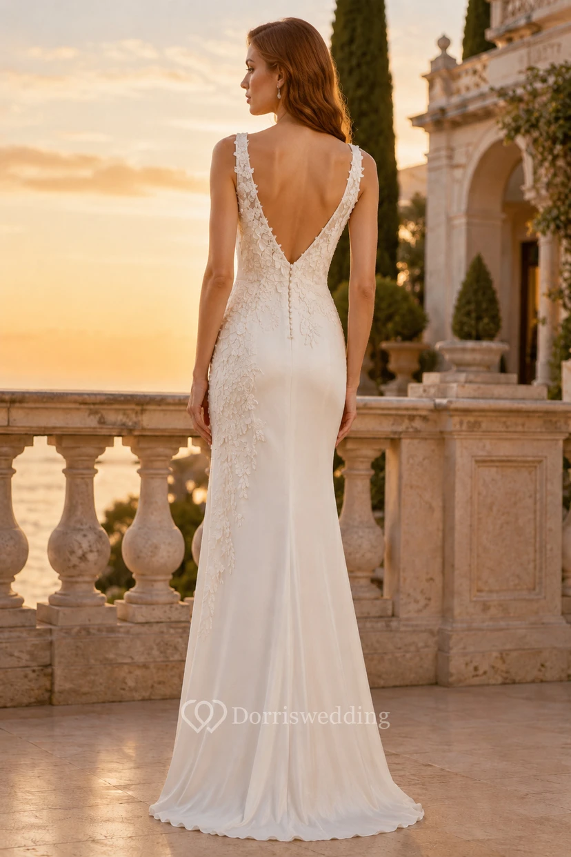 Evening Gown Ivory Satin Lace Sheath V-Neck Sleeveless Sweep Train view 2
