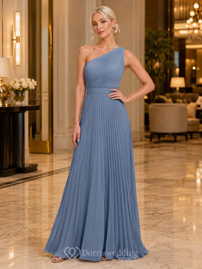 One Shoulder Steel Blue A-Line Chiffon Floor Length Evening Dress