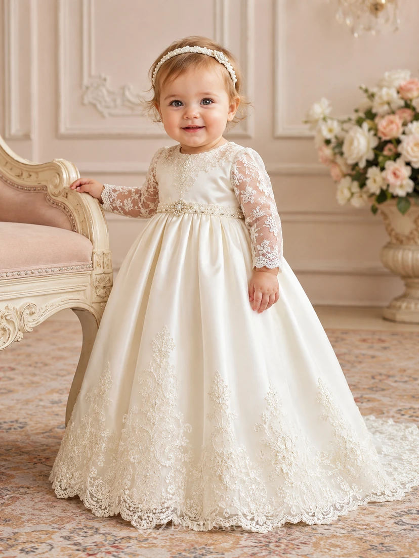 Vestido de bautizo elegante y lujoso para bebé, corte en A, largo hasta el suelo, cuello joya, manga larga, satén, encaje, lazo en la espalda y botones en la espalda.