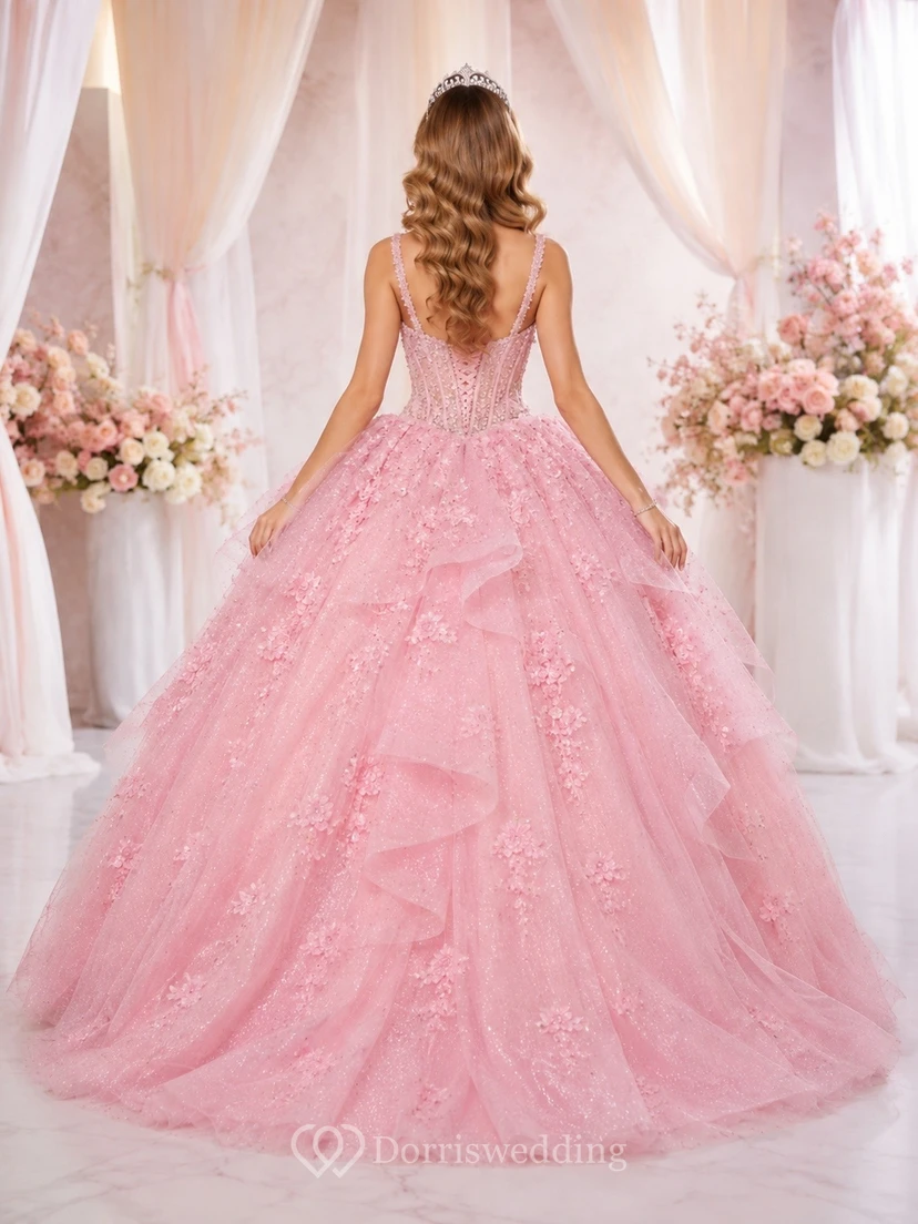 Pink Strapless Sweetheart Tulle Ball Gown Floral Quinceanera Ceremony Dress view 2