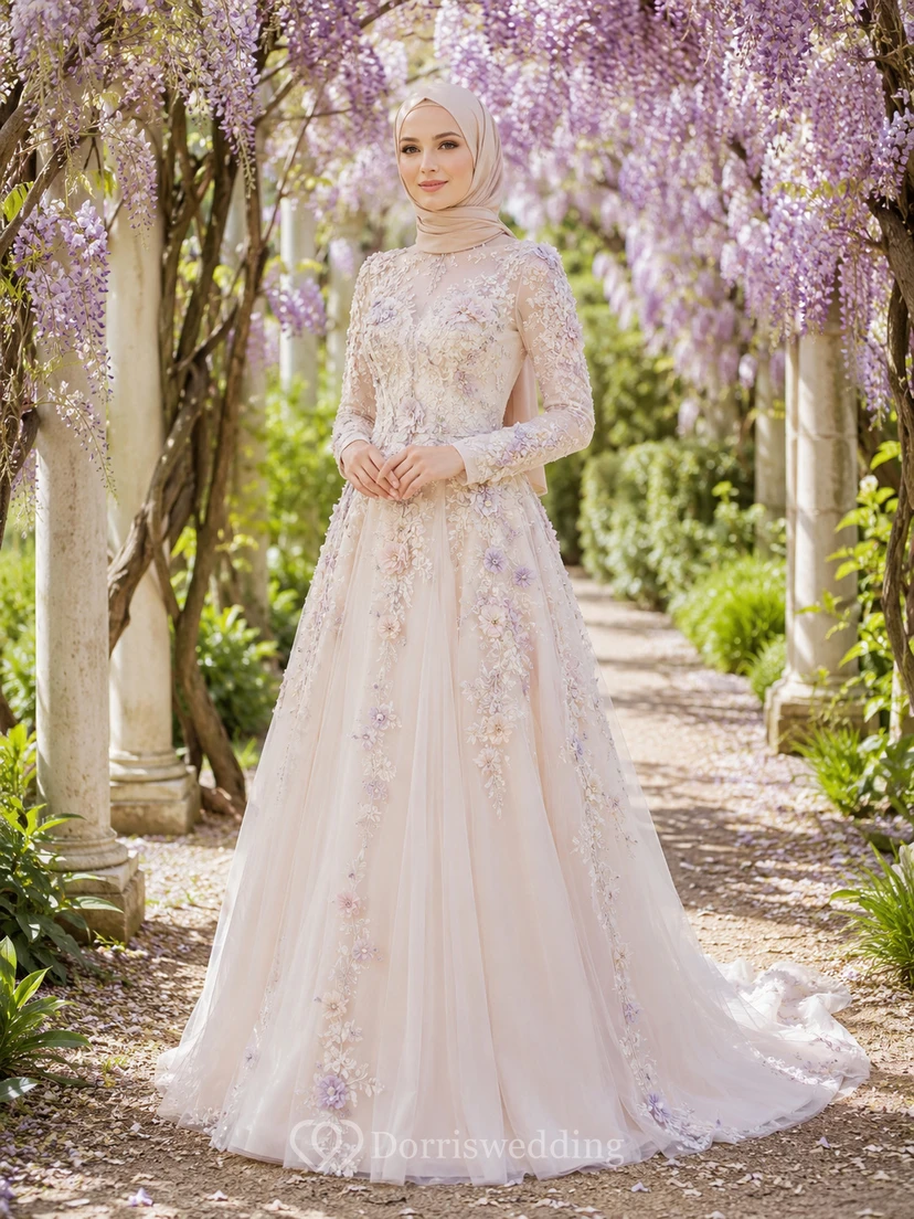 Modest Muslim Floral Lace Long Sleeve Chapel Train Wedding Dress
