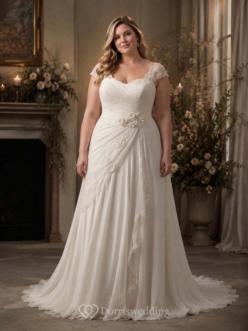 V-neck Cap Empire Chiffon Ruched Draped Wedding Dress with Tiers view 4