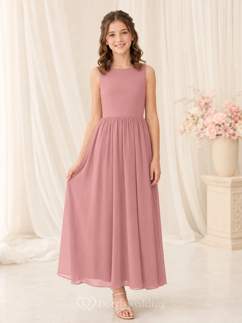 Preiswertes, ärmelloses Chiffon-Brautjungfernkleid in Altrosa mit Strasssteinen, A-Linie und Teelänge