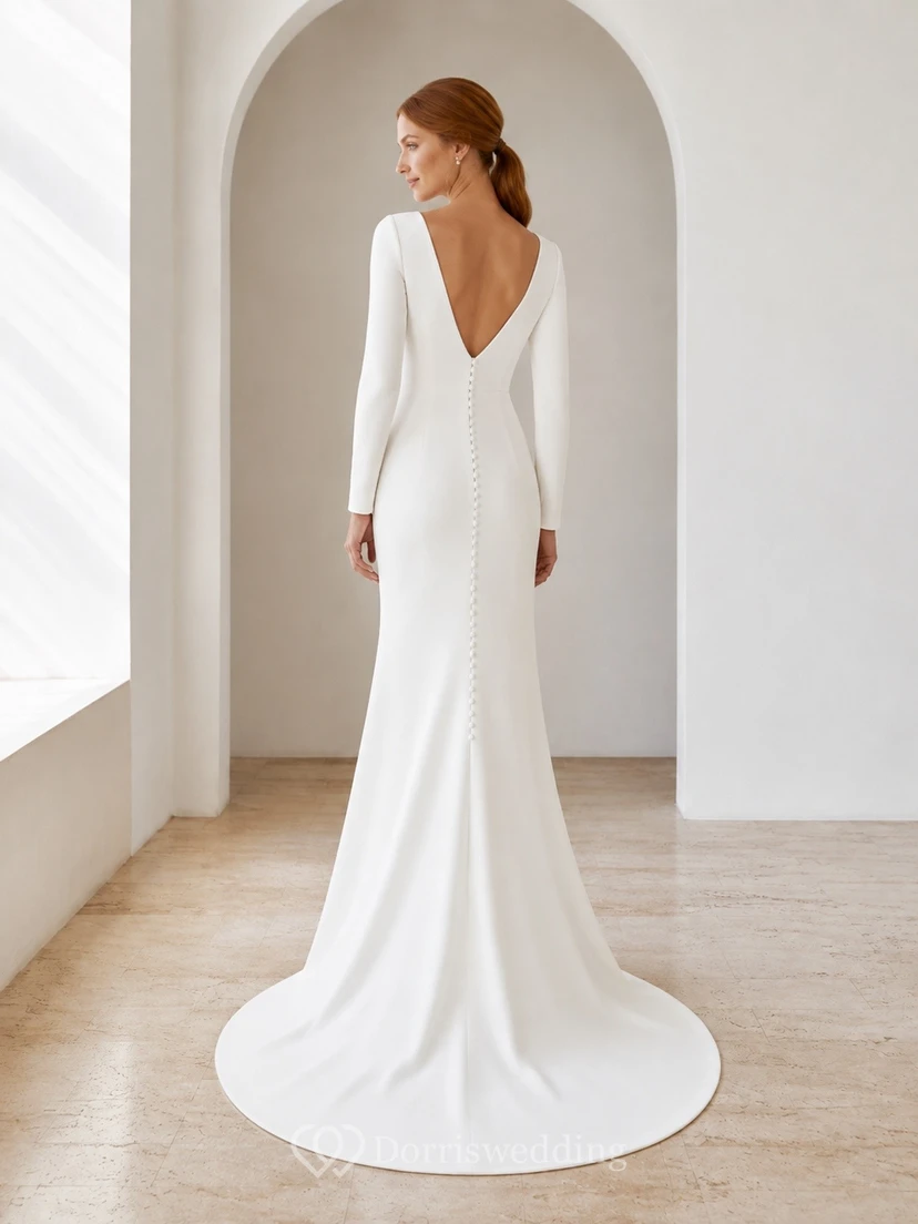 Robe de mariée fourreau à manches longues et traîne, style sobre et élégante. view 2