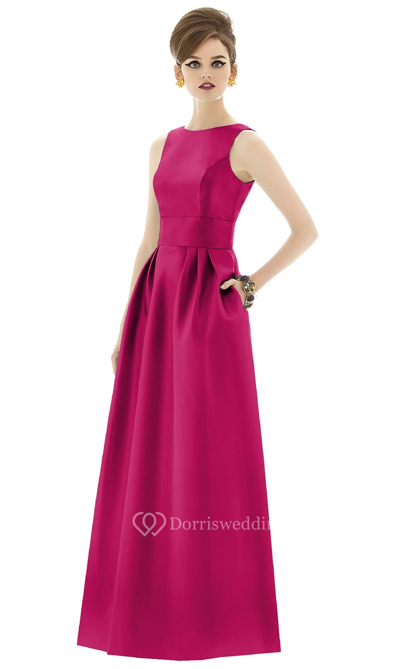 Long Bateau Sleeveless Satin Dress with Pockets and Pleats view 3