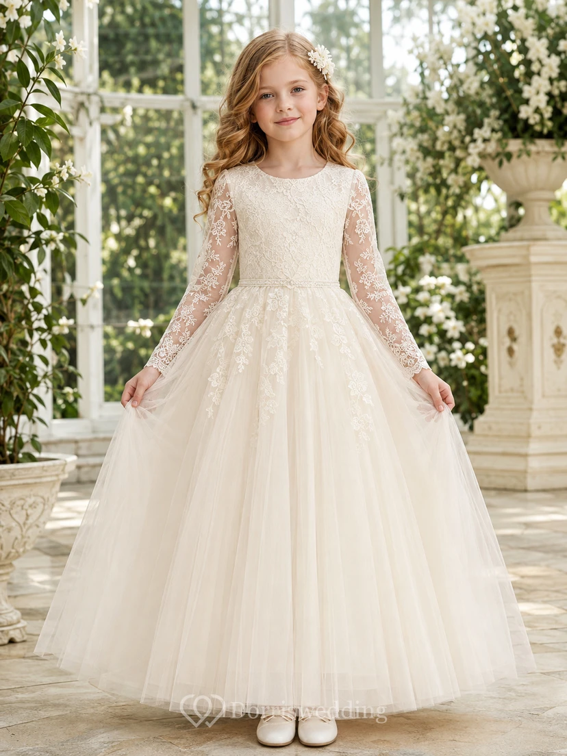 Modest Long Sleeve Lace Ankle-Length Ball Gown Flower Girl Garden Wedding Tulle Dress