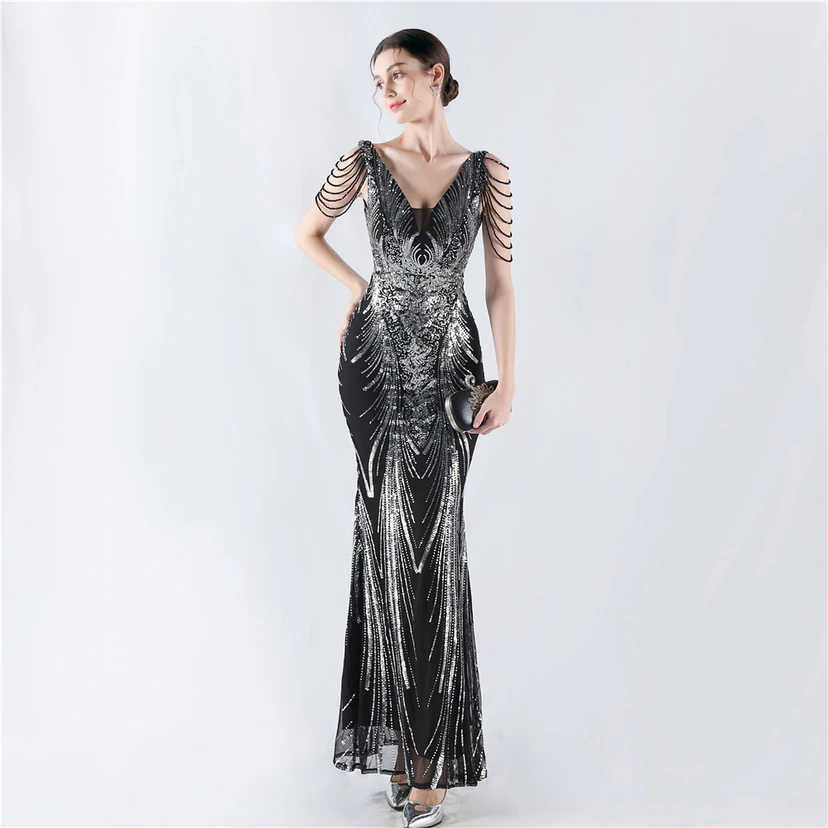 Paillettenbesetzte Blumen mit Cape-Stickerei, hochwertiges Abendkleid, ideal für die Ausrichtung der Jahrestagung view 34
