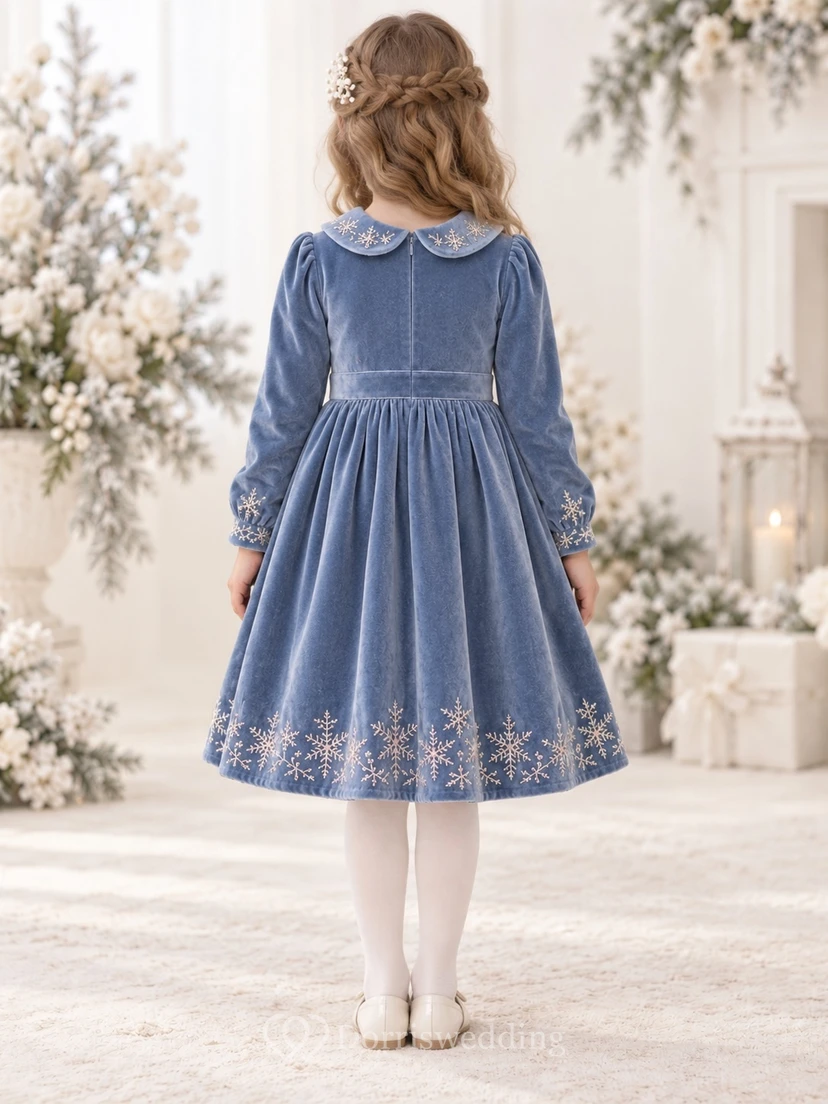 Long Sleeve Tea-length Blue Snowflake Collar Velvet Flower Girl Dress view 2