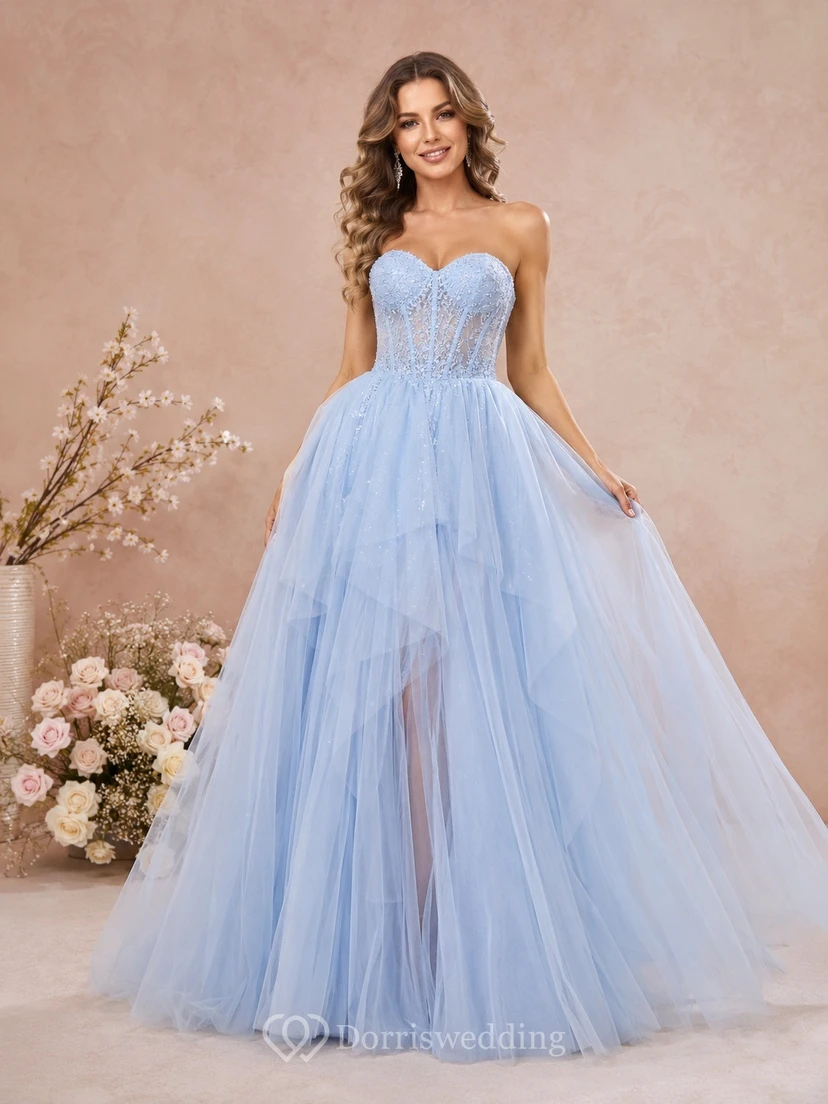 Princess Sky Blue Strapless Sweetheart Beaded Tulle Ball Gown Sweep Train Prom Dress