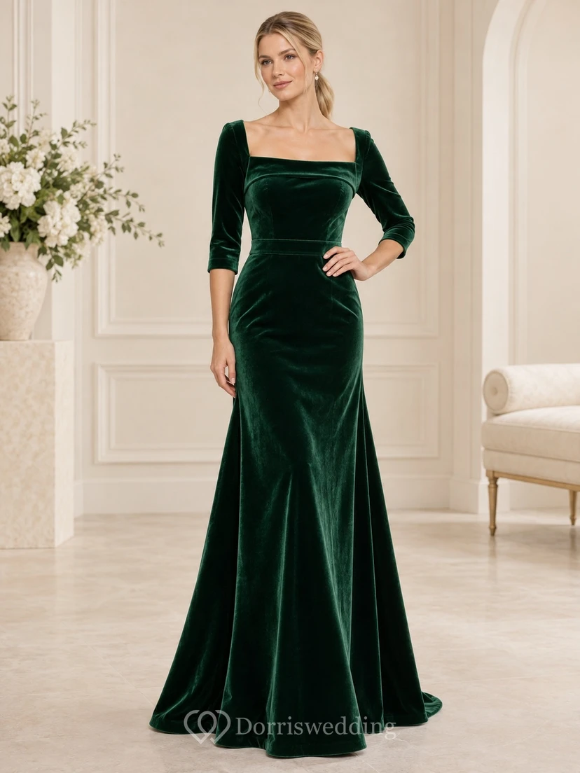 Vestido formal de terciopelo esmeralda con escote cuadrado y mangas tres cuartos, estilo sirena.